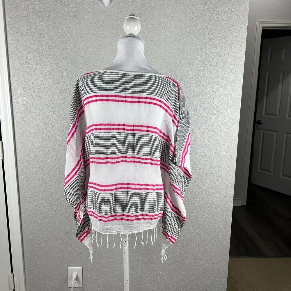 Fresh Produce Size L Gauze Fringed Poncho Blouse Cover Up Striped